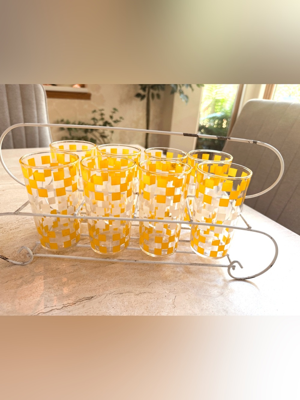 Vintage cocktail glasses. Set of 8. Yellow and white pattern.